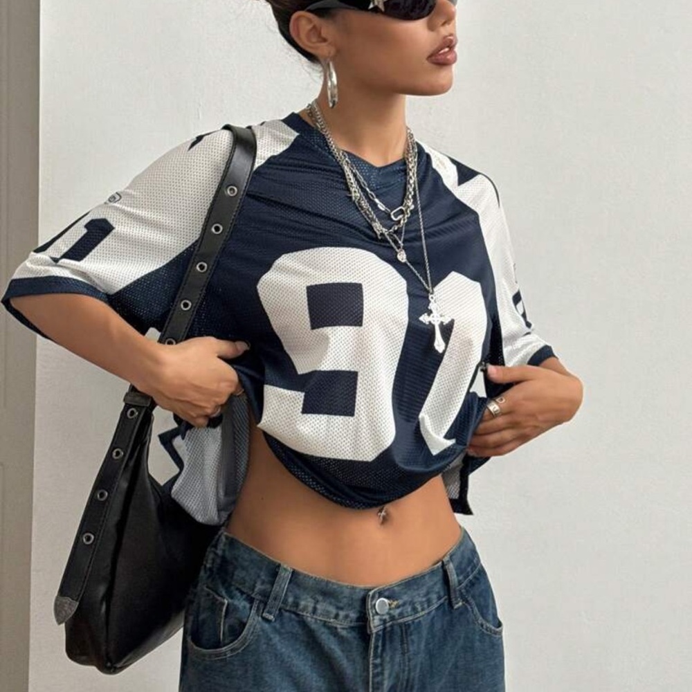 Blue and White Oversized Crop Jersey Short Sleeve Top
